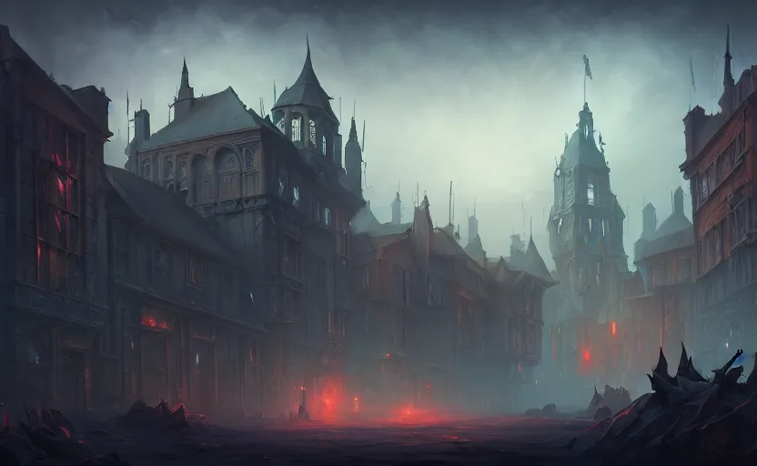 Image similar to extreme long shot concept art depicted old english majestic town, dramatic mood, overcast mood, dark fantasy environment, dieselpunk, art inspired by league of legends and arcane, style by jason engle and jordan grimmer, trending on artstation, unreal engine, golden ratio, spectacular composition