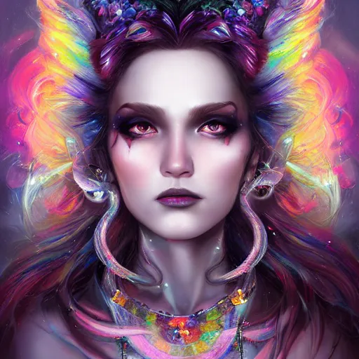 Prompt: demon goddess with rainbow windswept hair portrait surrounded by crystals, hyper - detailed, cgsociety, 8 k, high resolution, in the style of charlie bowater, tom bagshaw, norman rockwell, gerald brom, adam hugh