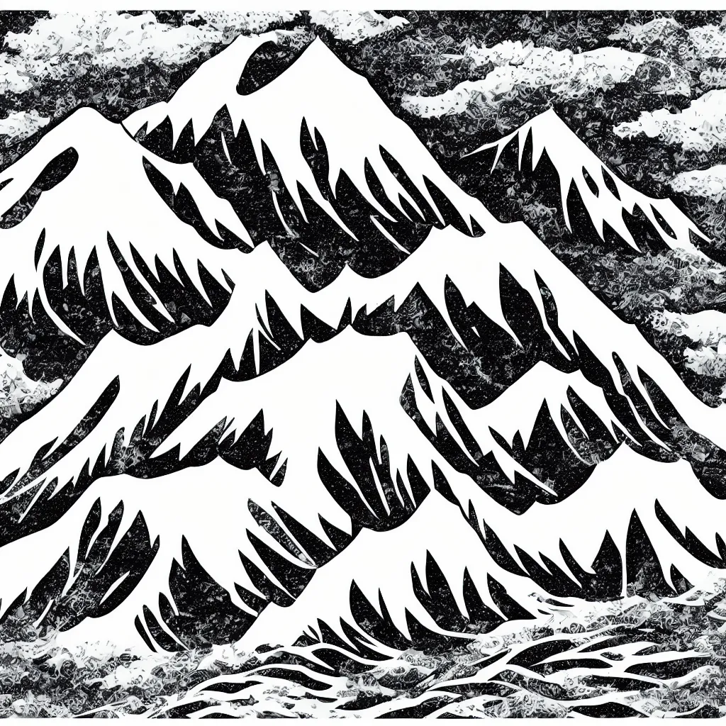 Prompt: mount everest and wave black and white lineart, hokusai style