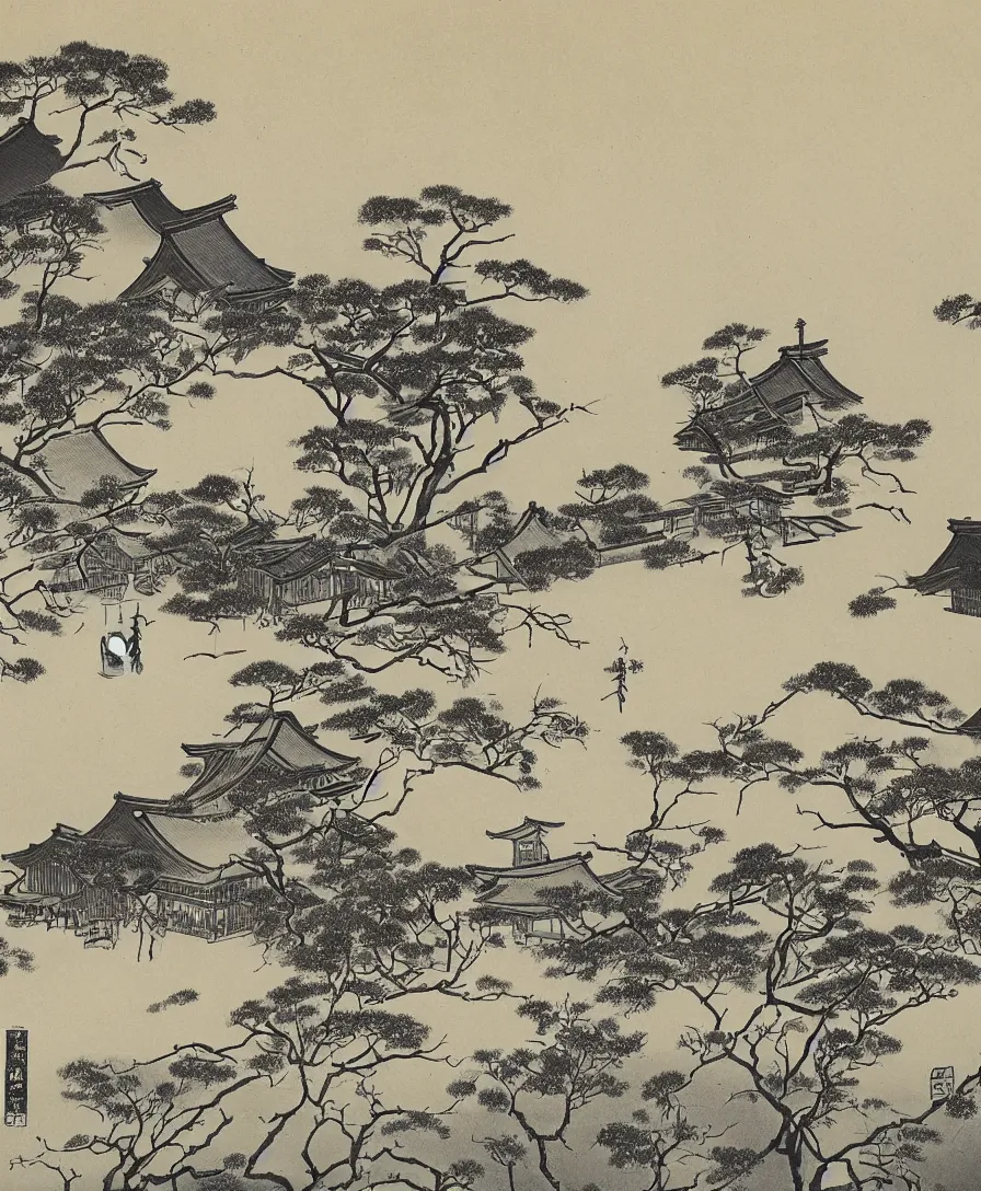 Prompt: a black and white painting of rural 1800s japan