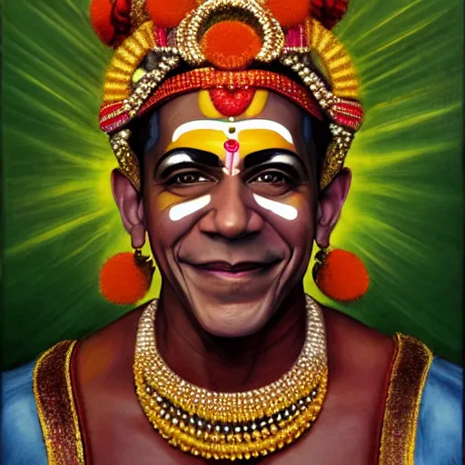 Image similar to Fantasy portrait of Barak Obama as a Kathakali dancer, hyper-realistic Portrait in style of Hajime sorayama, hyperdetailed , supersharp, hypermaximalist, smooth gradients