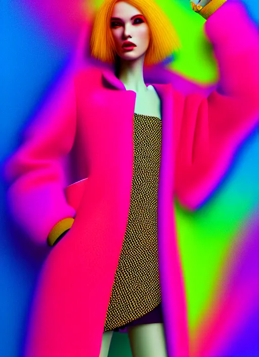 Prompt: coat for a rave, bright colors, many details, prints, photo for a magazine, photo for a store, fashion photography, Vogue, 135 mm, cinematic, hyper realism, high detail, octane render, 8k, chrome accents