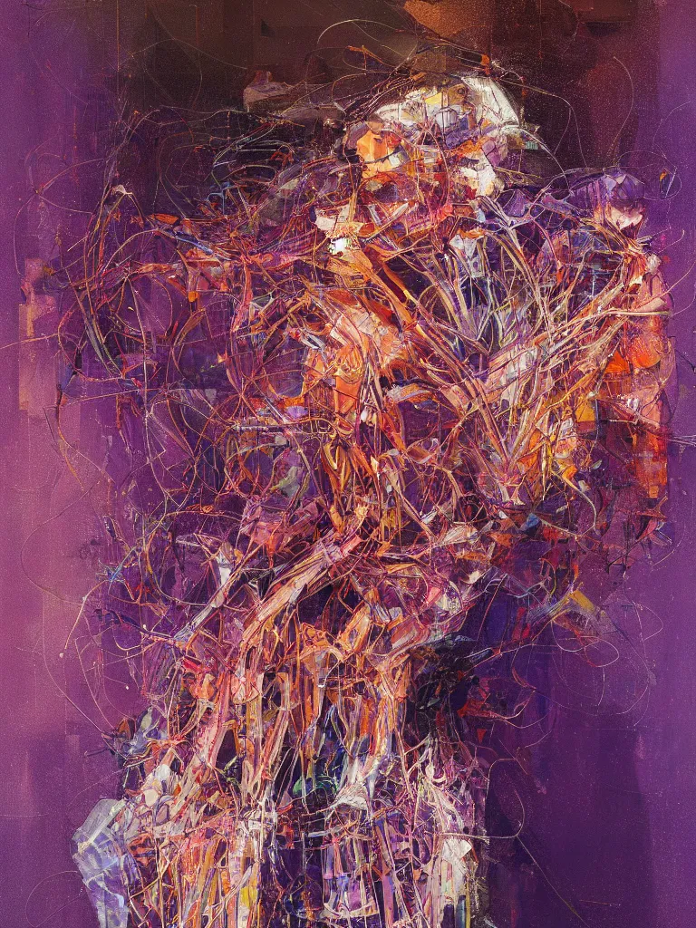 Prompt: a beautiful glitched abstract geometric painting by robert proch and robert heindel of an anatomy study of the human nervous system, color bleeding, pixel sorting, copper oxide and rust materials, brushstrokes by jeremy mann, cold top lighting, pastel purple background