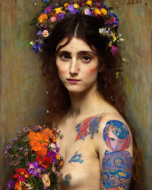 Image similar to a beautiful girl in a wedding dress with colourful tattoos surrounded by colourful flowers orientalist intricate portrait by john william waterhouse and edwin longsden long and theodore ralli and nasreddine dinet, oil on canvas. cinematic, hyper realism, dramatic lighting, high detail 8 k