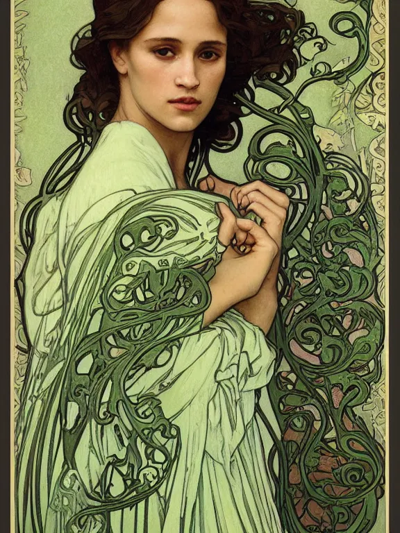 Image similar to an art nouveau mucha poster style head and shoulders portrait oil painting of a pretty young alicia jessica vikander alba wearing an oversize grey - green t - shirt, intricate, detailed, smooth, complex, elaborate, by alphonse mucha and james gurney and john william waterhouse and bouguereau