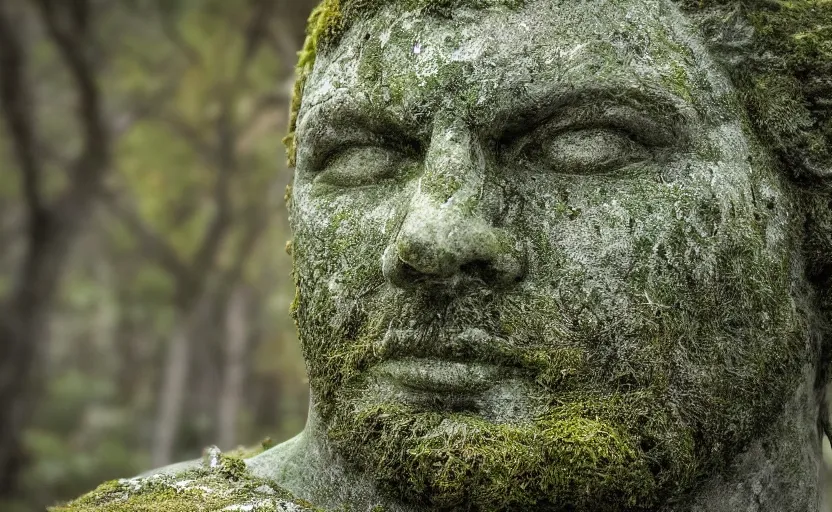 Image similar to a mossy greek marble statue of a very muscular man abandoned in the middle of a forest near a lake at sunset, concept art, godrays, complementary colors, calm, relaxing, beautiful landscape, highly detailed, high quality, 4k HDR, path tracing, serene landscape, high coherence, soft lighting