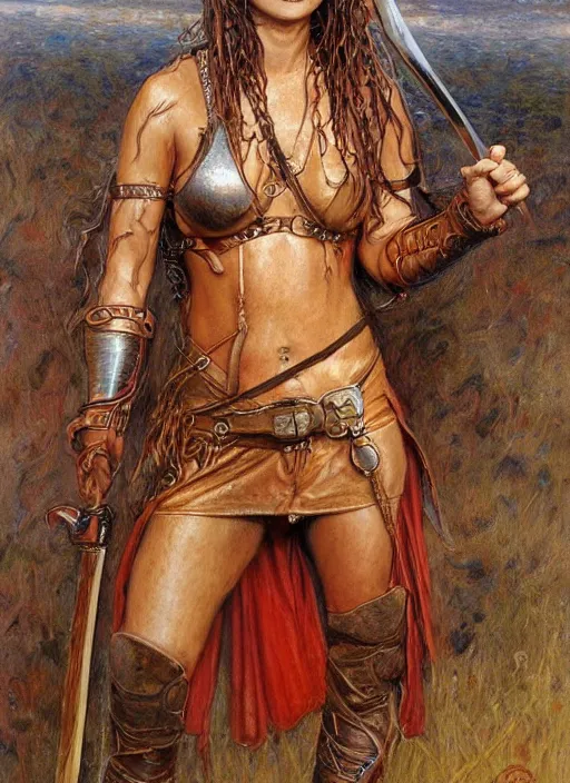 Image similar to beautiful warrior woman with wet hair wearing tan leather clothes holding a sword by artist donato giancola