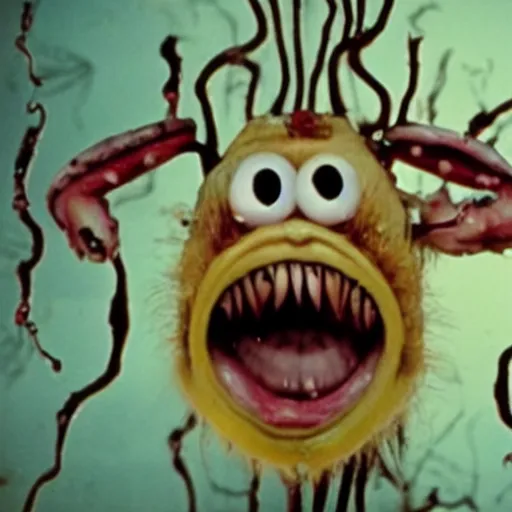 Image similar to b - grade horror film budget production a very strange creature made of cronenberg ren & stimpy