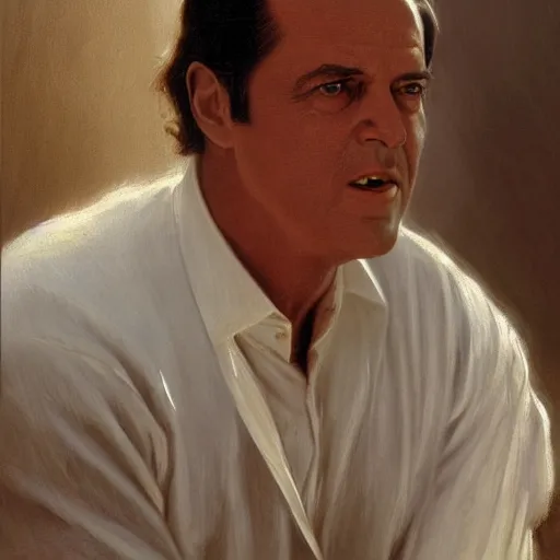 Image similar to Painting of Jack Nicholson as Michael Corleone. Art by william adolphe bouguereau. During golden hour. Extremely detailed. Beautiful. 4K. Award winning.