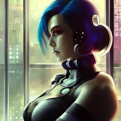 Image similar to art by artgerm, portrait of cyberpunk woman looking out of a window, cyberpunk setting, futuristic, highly detailed, intricate lighting, digital painting, sharp focus, illustration, trending on artstation.