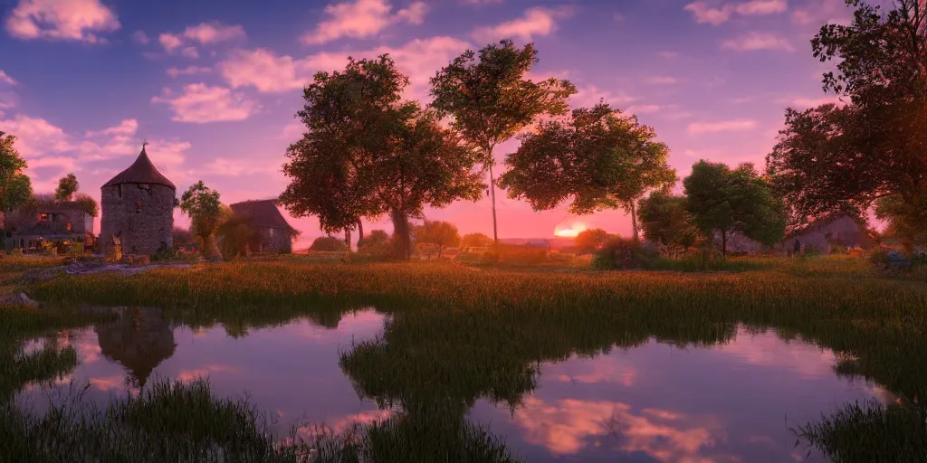 Prompt: a serene landscape with a medieval village near a lake at sunset, soft lighting, path tracing, complementary colors, calm, natural lighting, high quality, 4k, low contrast, highly detailed, octane render, unreal engine 5