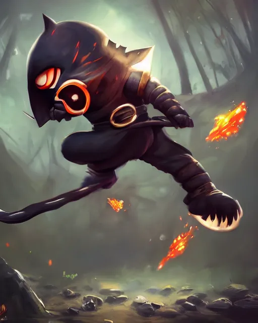 Image similar to oil painting of Anthropomorphized Angry cute chibi ninja, attacking, throwing shurikens, wearing black ninja suit, sharp focus, fantasy style, octane render, volumetric lighting, 8k high definition, by greg rutkowski, highly detailed, trending on art Station, magic the gathering artwork, magical forest background from MapleStory, centered