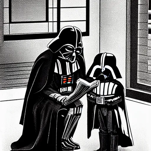 Image similar to Darth Vader reading a tale to young Luke Skywalker