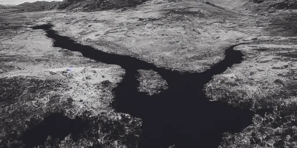 Prompt: lake with black water view from above, sky