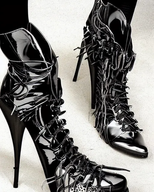 Image similar to One pair of shoes stylish shoe design, killer boots, scorpions, spiders, high soles, battle shoes, metal, heavy metal rave shoes