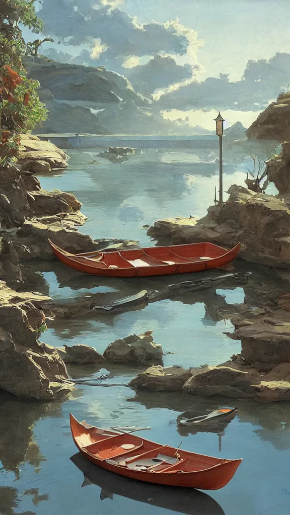 Image similar to a subterranean lagoon where a rowboat is moored to a small wooden dock, in a style blend of whelan and leyendecker and rockwell, oil painting, volumetric lighting, intricate details