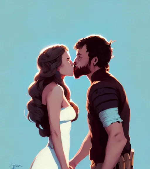 Image similar to portrait of jon kissing dany by atey ghailan, by greg rutkowski, by greg tocchini, by james gilleard, by joe fenton, by kaethe butcher, dynamic lighting, gradient light blue, brown, blonde cream and white color scheme, grunge aesthetic