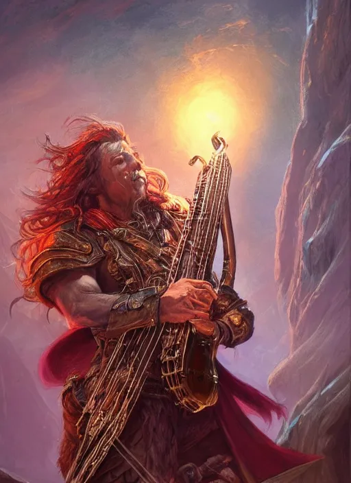 Image similar to bard playing instrument, ultra detailed fantasy, dndbeyond, bright, colourful, realistic, dnd character portrait, full body, pathfinder, pinterest, art by ralph horsley, dnd, rpg, lotr game design fanart by concept art, behance hd, artstation, deviantart, hdr render in unreal engine 5