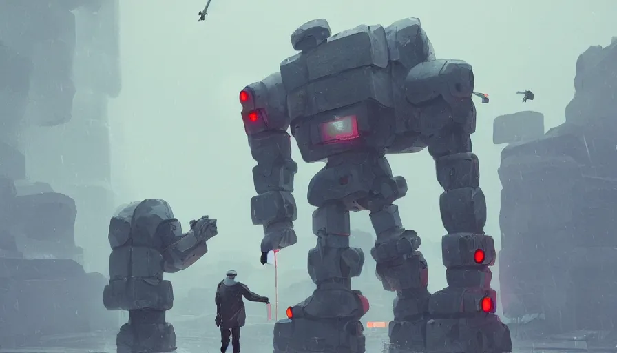 Prompt: a giant robot fighting a giant stone golem in rain, helicopters spotlight, sharp focus, james gilleard, cinematic, game art, extremely detailed digital painting, print