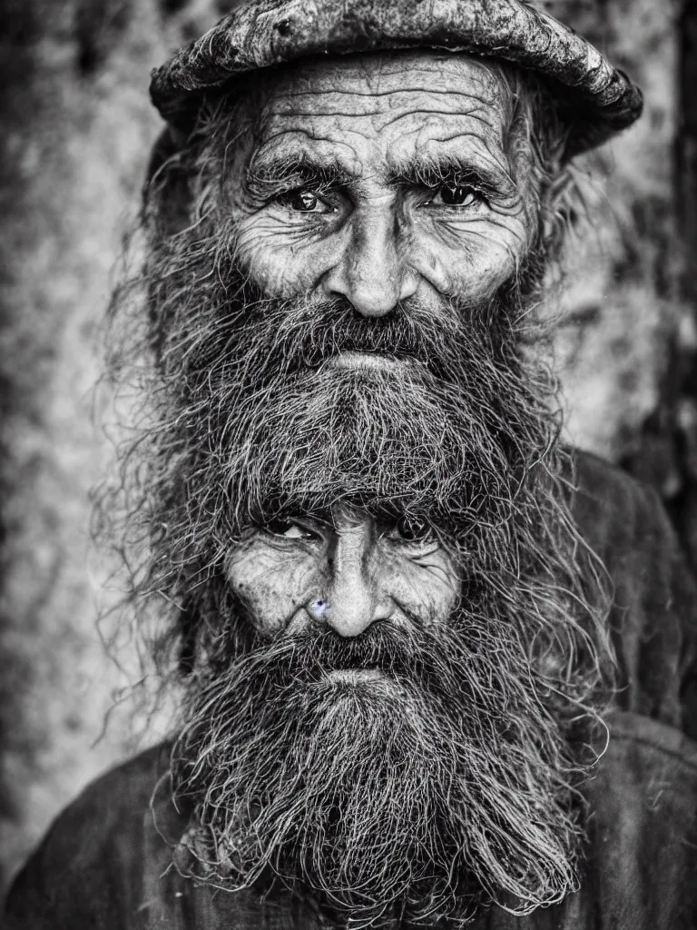 Image similar to High-resolution image. A portrait of an aged mushroom seller with a haunted expression and a wrinked gaunt face and large unkempt beard. Deep shadows and highlights. /2.8 or f/4. ISO 1600. Shutter speed 1/60 sec. Lightroom.