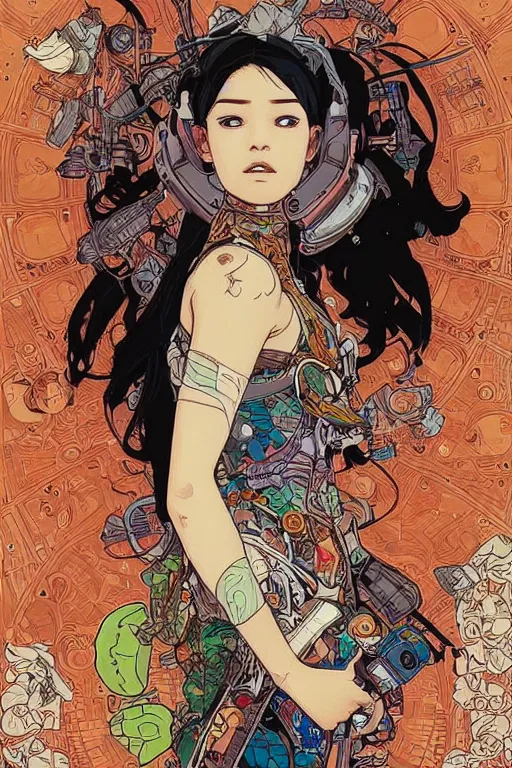 Image similar to beautiful cyborg portrait girl female illustration detailed patterns art of thai traditional dress, pop art, splash painting, art by geof darrow, ashley wood, alphonse mucha, makoto shinkai