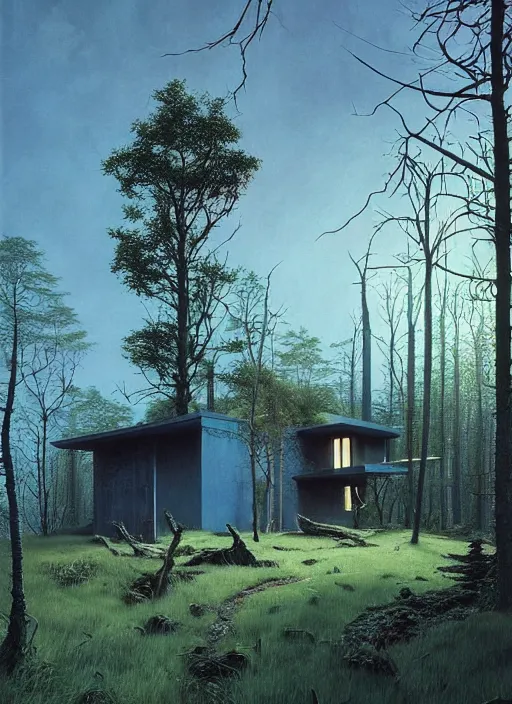 Image similar to hyper realistic witchy modern house with mood lighting and tech in the woods gorgeous lighting, blue sky, highly detailed, lush forest foliage painting by zdzisław beksinski and norman rockwell and greg rutkowski weta studio, and lucasfilm