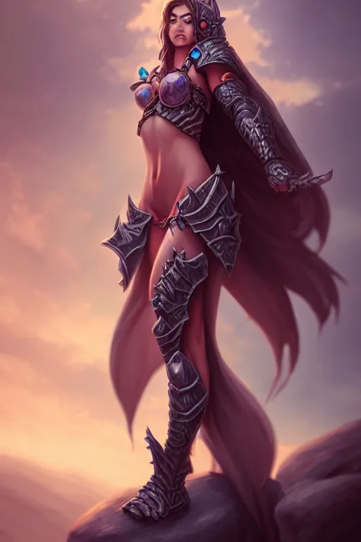 Image similar to generic female model, detailed face, standing on a rock, fantasy armor, sakimi chan, tony sart
