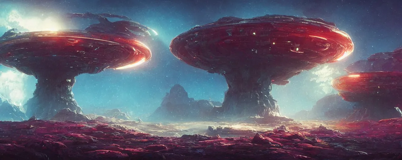 Image similar to ” mysterious and whimsical alien landscape, [ inviting, cinematic, detailed, epic, widescreen, opening, establishing, mattepainting, photorealistic, realistic textures, octane render, art by slop and paul lehr ] ”