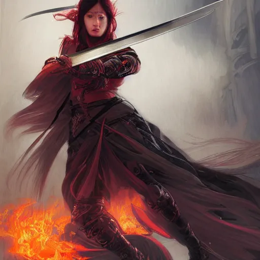 Image similar to a detailed picture of a female ninja holding a flaming katana, ominous nighttime storm, fantasy, d & d, intricate, elegant, highly detailed, digital painting, artstation, concept art, matte, sharp focus, illustration, art by john collier and albert aublet and krenz cushart and artem demura and alphonse mucha