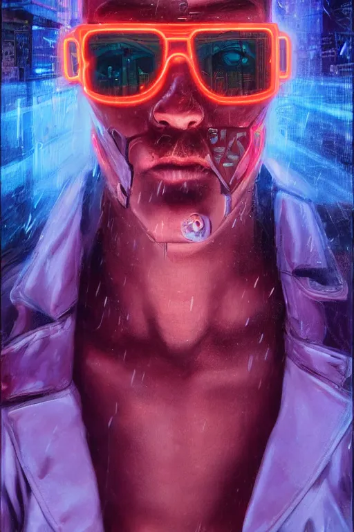 Image similar to detailed portrait of a cyberpunk male with face augmentations, strong neon lighting, raining, mysterious, mirror shades, by glenn fabry, hyper realistic, HD, oil on canvas