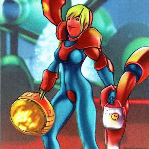 Prompt: Samus Aran taking her pet metroid out for a walk