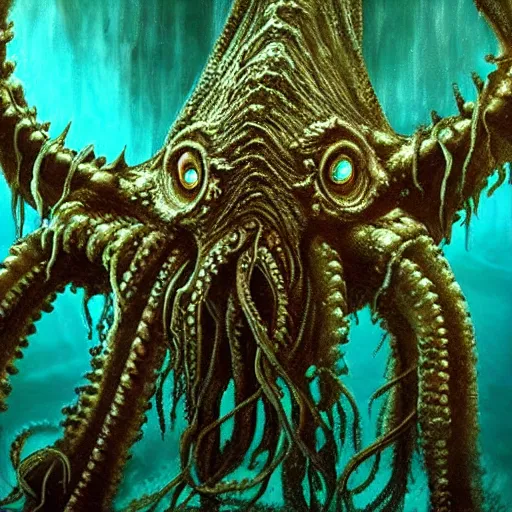 Prompt: old god eldritch horror terrifying the deep abyss of the ocean floor, epic scene, underwater photography, hyper - detailed, gigantic cthulhu, photo - realistic wallpaper, dark art