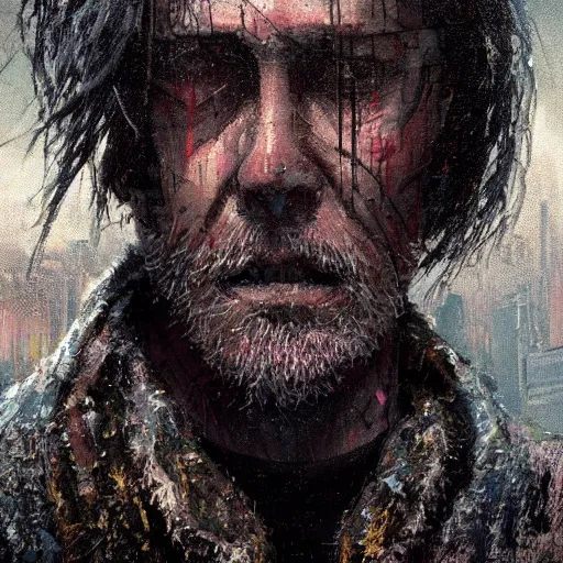 Prompt: cyberpunk, closeup portrait of a shaggy old cyberpunk fence, crooked teeth, bald, tired eyes, tattered tweed jacket, dramatic light, city background, sunset, dystopian setting, high contrast, sharp, neuromancer, the finn, painted by stanley lau, painted by greg rutkowski, painted by stanley artgerm, digital art, trending on artstation