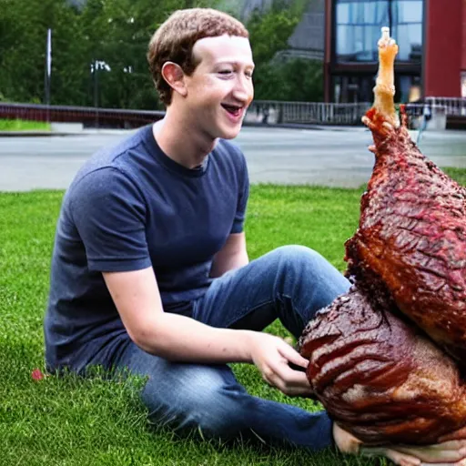 Prompt: mark zuckerberg eating a giant turkey leg, unreal engine 5, uncanny valley