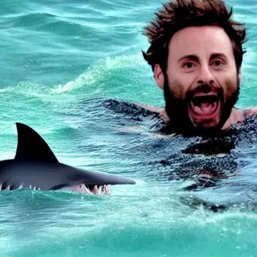 Image similar to Charlie Day from IASIP being eaten by a shark in the ocean.