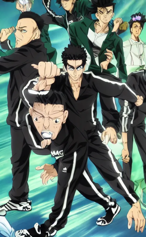 Prompt: Angry man in black Adidas tracksuit in JoJo's bizarre adventure anime style