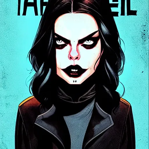 Prompt: Rafael Albuquerque comic cover art, loish, pretty female Samara Weaving vampire, very sharp vampire fangs teeth, blood on face face, sarcastic smile, symmetrical eyes, symmetrical face, brown leather jacket, jeans, long black hair, middle shot, highly saturated, deep blacks