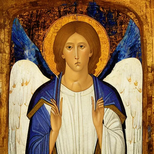 Prompt: realistic medieval painting portrait of white angel with clean narrow face like noface, 3 / 4, miracle light coming up from the head up and up, misty space, grace and blessing, by andrei rublev, renaissance, christianity, marble stone, glow effect, white background