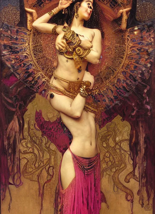 Prompt: hyper realistic painting of tribal fusion bellydance, gold ornaments, flowing fabric, intrincate detail, detwil faces by wayne barlowe, gustav moreau, goward, gaston bussiere and roberto ferri, santiago caruso, and austin osman spare, ( ( ( ( occult art ) ) ) ) bouguereau, alphonse mucha, saturno butto