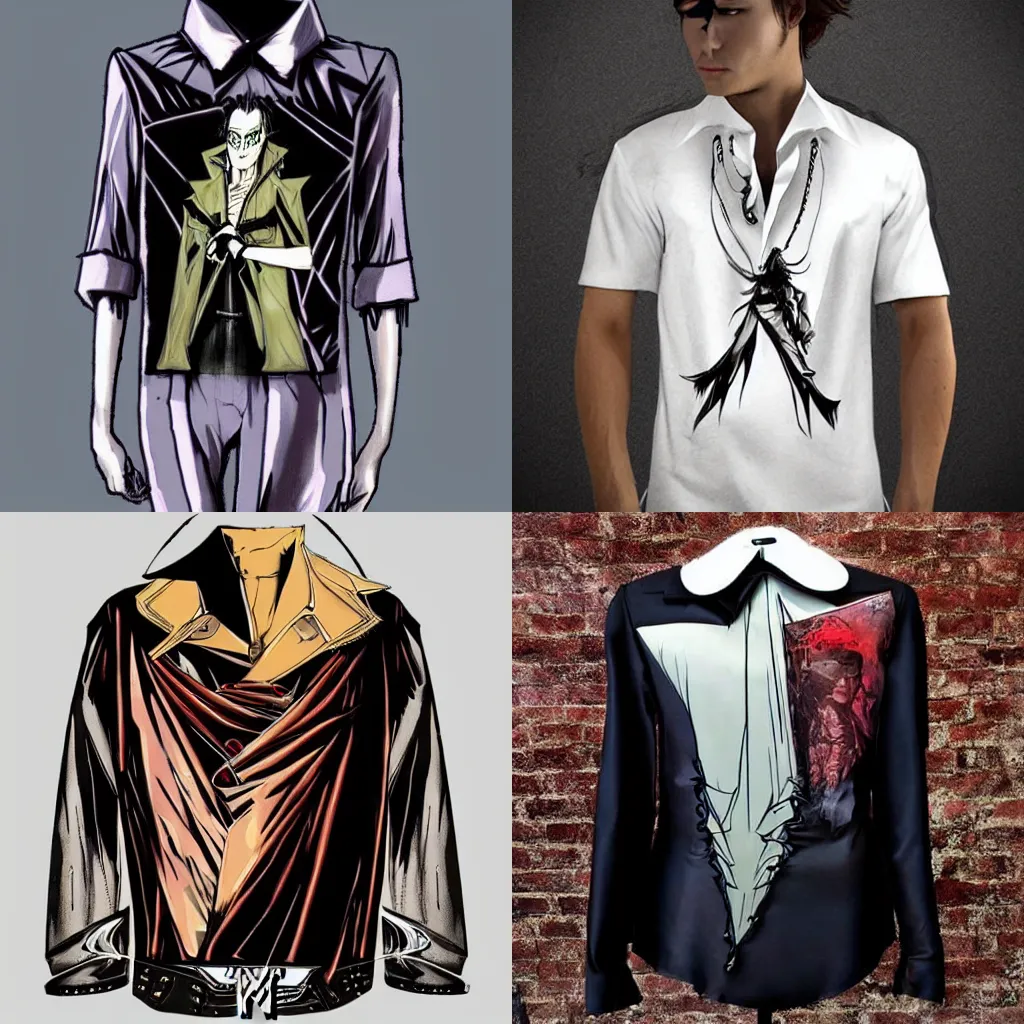 Prompt: designer runway shirt, open neck collar, vampire hunter d, mad max, syd mead!!, high fashion fantasy, designed by creepyyeha!!!