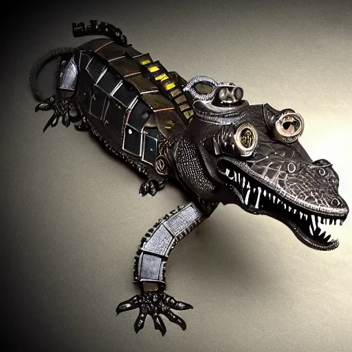 Prompt: a steampunk robotic alligator, dark background, super - detailed, photo - realistic,