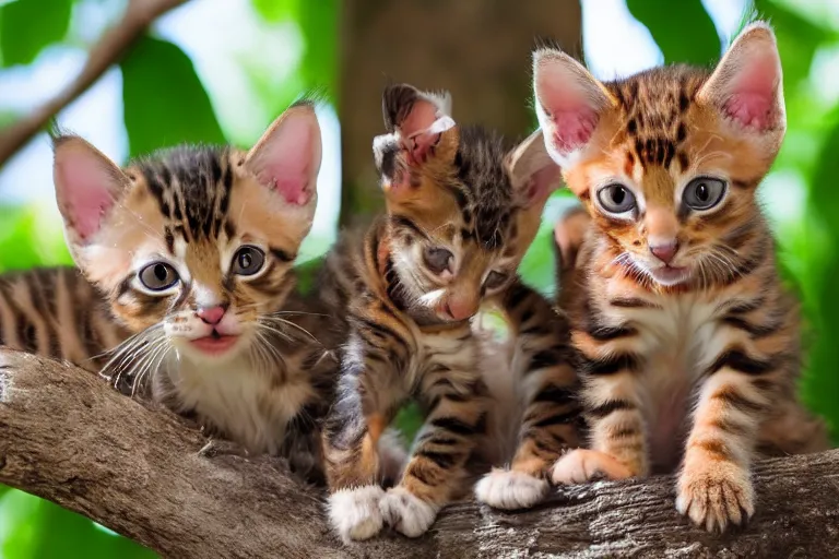 Image similar to bengal kittens that are in a tree and the kittens are looking directly into the camera
