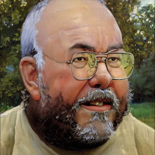 Prompt: Gary Gygax in earflaps stands in the middle of the field, Rye (Shishkin), painting by Ivan Shishkin, Ernest Gary Gygax face, painting by Valentin Serov, oil painting