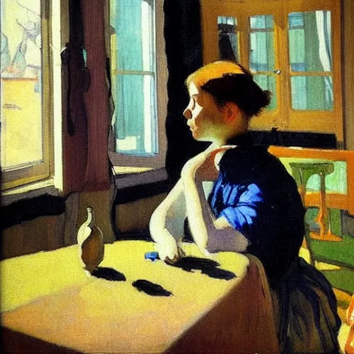 Image similar to a girl with iphones on a table sits at a table in a sunny room, the window is open, by valentin serov