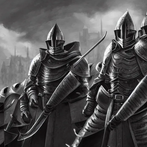 Prompt: a group of knights in the style of kentaro miura, 4 k, 8 k, absolute detailing of even the smallest details and particles, beautiful shadows, beautiful art, black and white drawing, high rendering of the details of the environment and faces