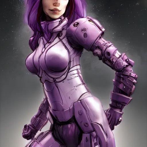 Image similar to pale woman with flowing purple hair in rusted sci - fi power armor, high detail, stoic, elegant, by stjepan sejic, sunstone