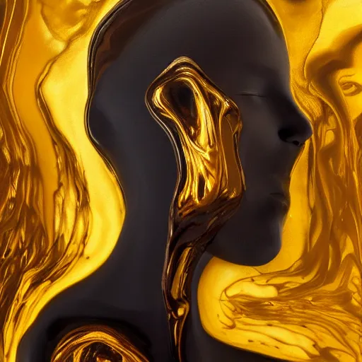 Prompt: female body melting liquid acrylic painting abstract in golden glass and black latex veins, hypperrealistic 3 d sculpture, bokeh, long exposure, close up portrait, epic light, clouds, god rays, heaven, art noveau, artistic sketch