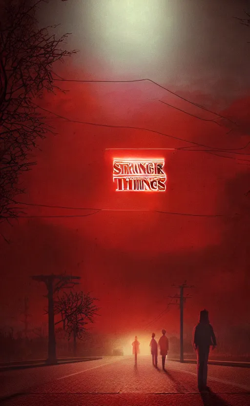 Image similar to stranger things inspired wallpaper, red ambience, at night, creepy over the street in the background, dynamic lighting, photorealistic fantasy concept art, trending on art station, stunning visuals, creative, cinematic, ultra detailed