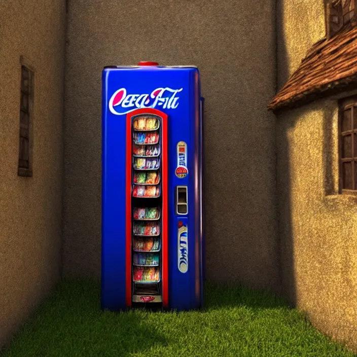 Image similar to pepsi vending machine outside a medieval house in a fantasy village. extremely high details, realistic, fantasy art, cinematic, octane render, volumetric lighting, depth of field, bokeh, masterpiece, artstation contest winner, art by johannen voss, frank frazetta