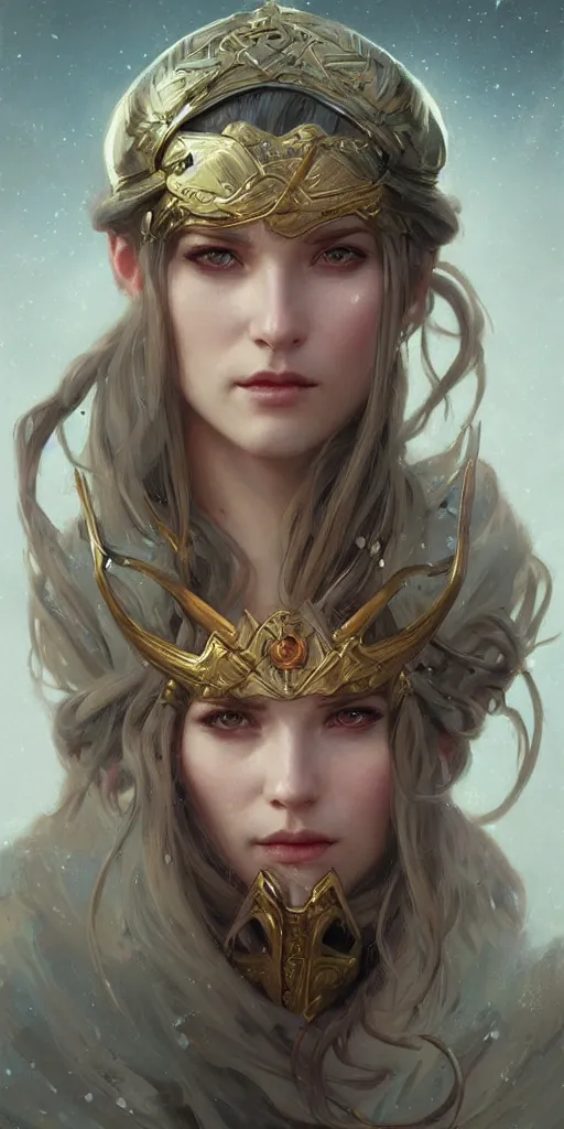 Image similar to a portrait of Norse queen, highly detailed, digital painting, artstation, concept art, sharp focus, illustration, art by artgerm and greg rutkowski and alphonse mucha